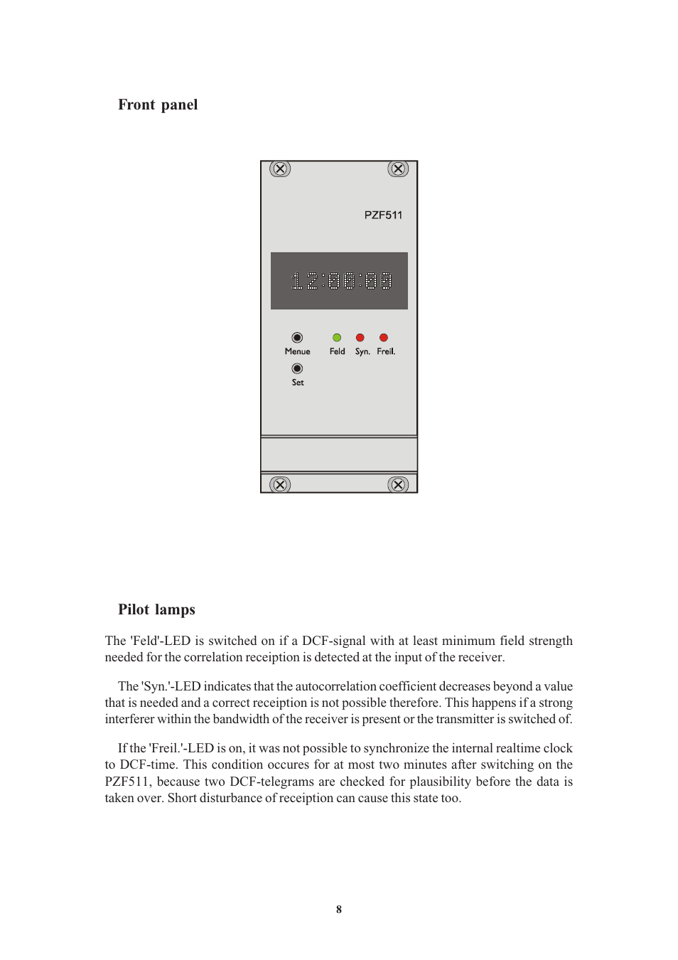 Front panel, Pilot lamps | Meinberg PZF511 User Manual | Page 8 / 36