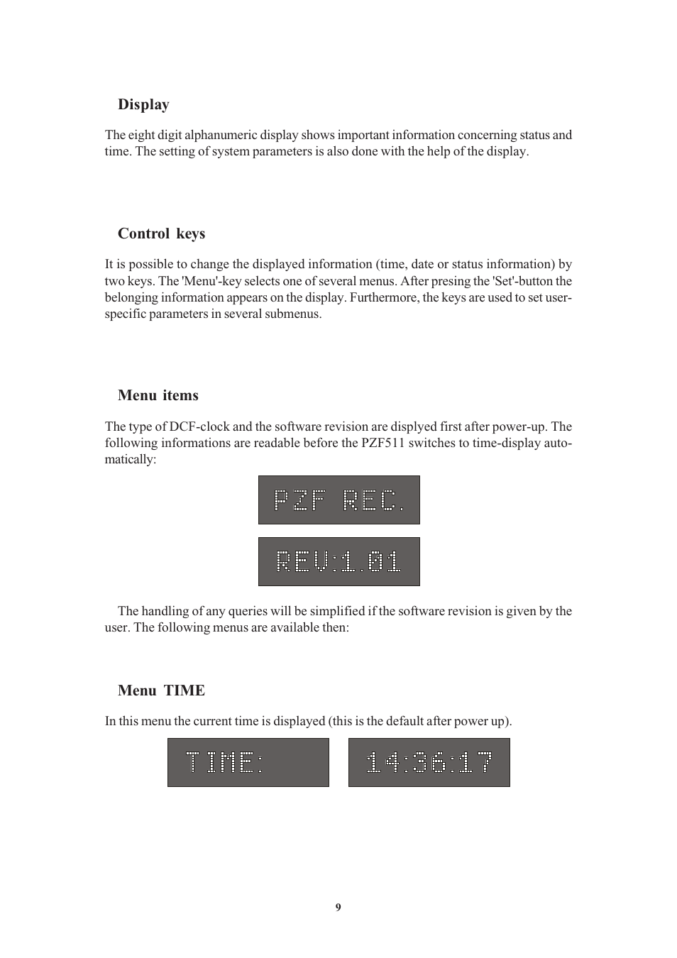 Display, Control keys, Menu items | Menu time | Meinberg PZF511 User Manual | Page 9 / 36