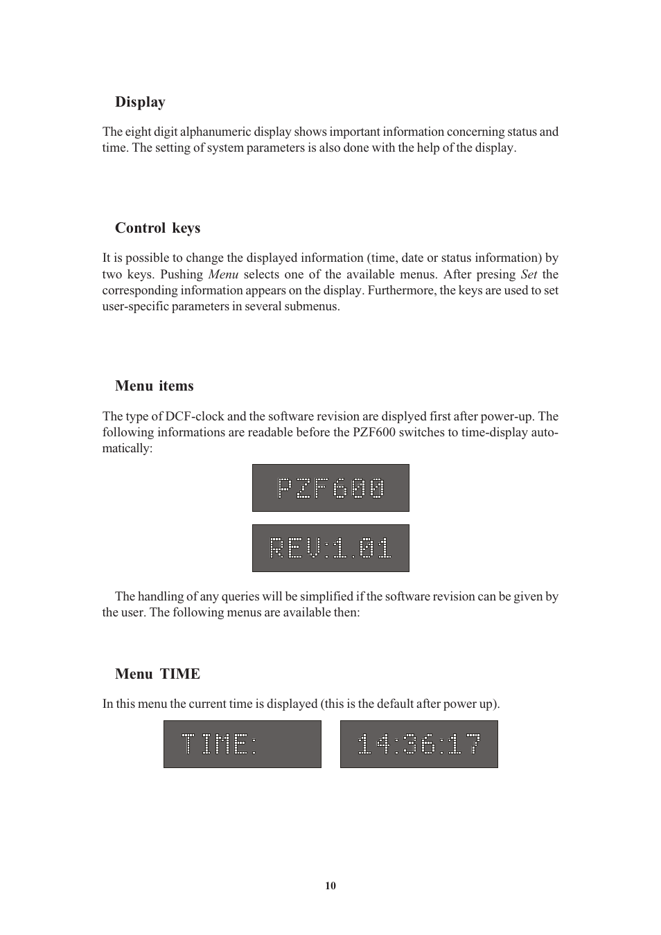 Display, Control keys, Menu items | Menu time | Meinberg PZF600 User Manual | Page 10 / 40