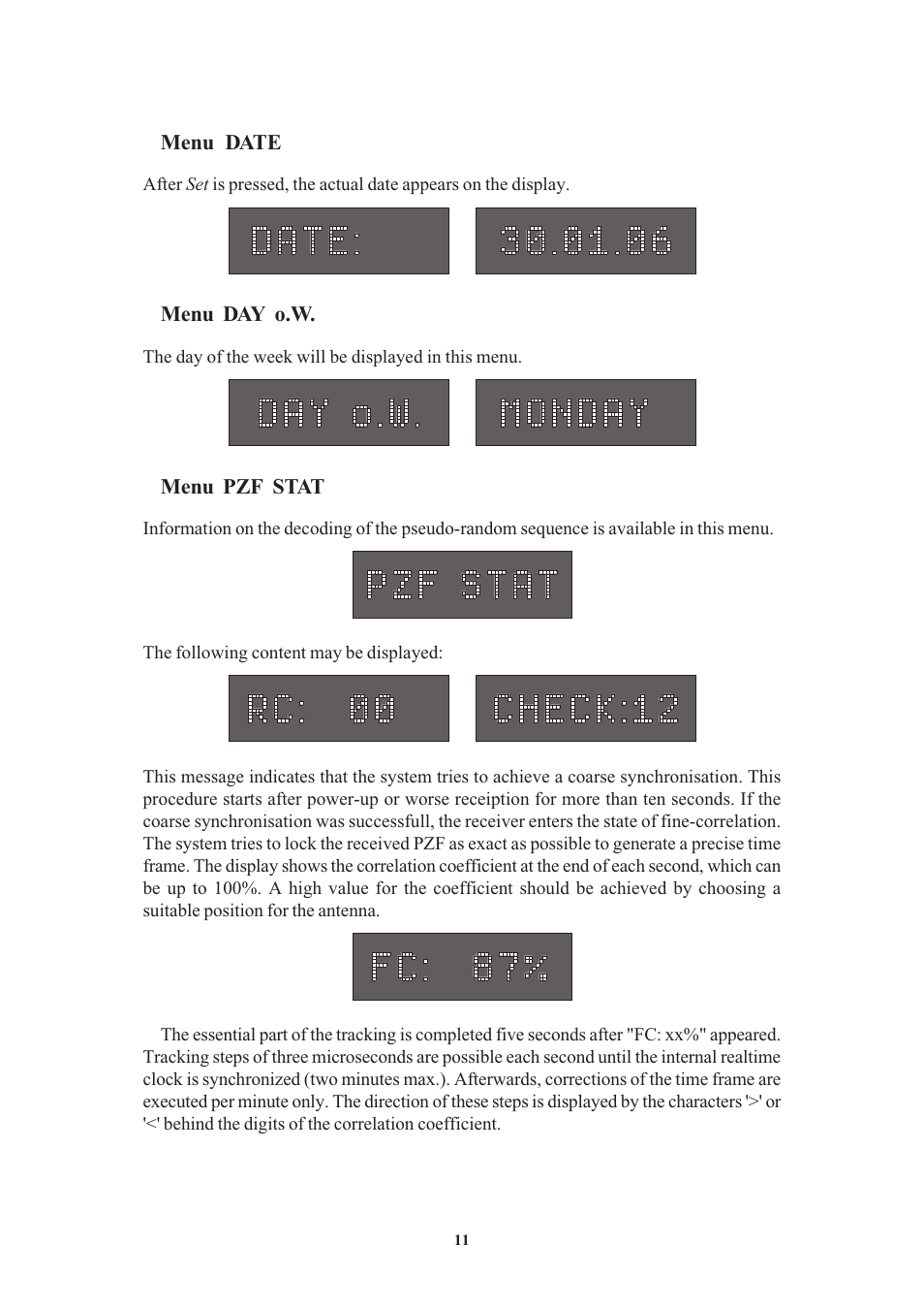 Menu date, Menu day o.w, Menu pzf stat | Meinberg PZF600 User Manual | Page 11 / 40