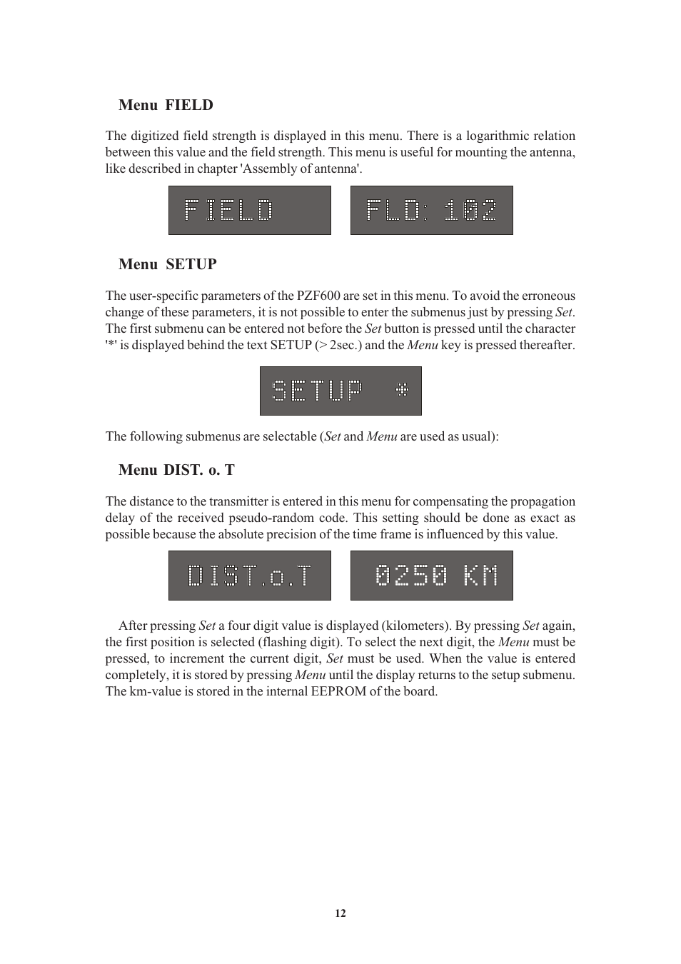 Menu field, Menu setup, Menu dist. o. t | Meinberg PZF600 User Manual | Page 12 / 40