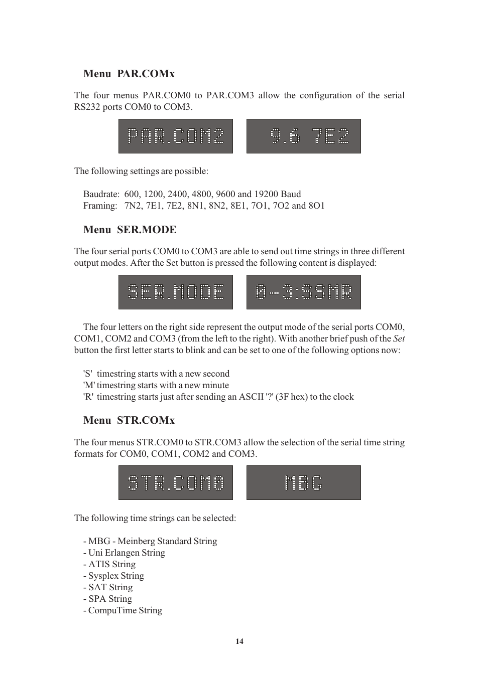 Menu par.comx, Menu ser.mode, Menu str.comx | Meinberg PZF600 User Manual | Page 14 / 40