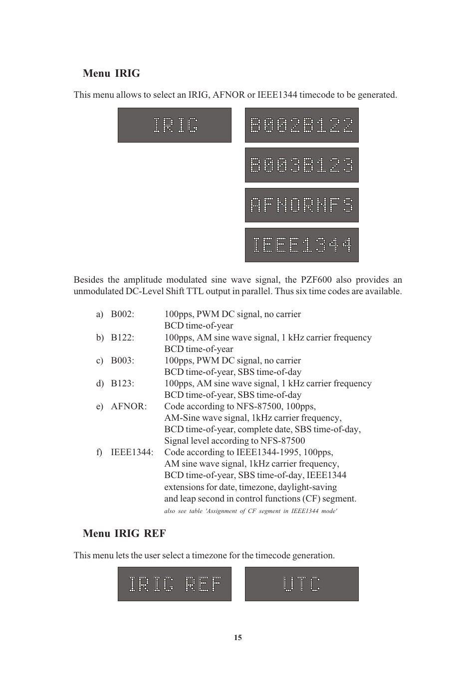 Menu irig, Menu irig ref | Meinberg PZF600 User Manual | Page 15 / 40