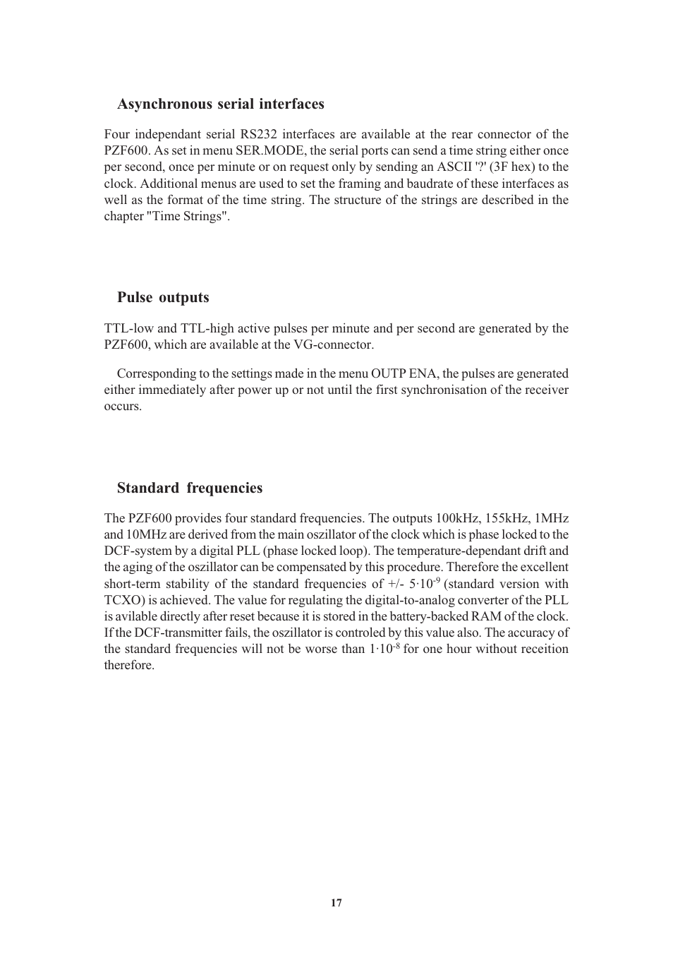 Asynchronous serial interfaces, Pulse outputs, Standard frequencies | Meinberg PZF600 User Manual | Page 17 / 40