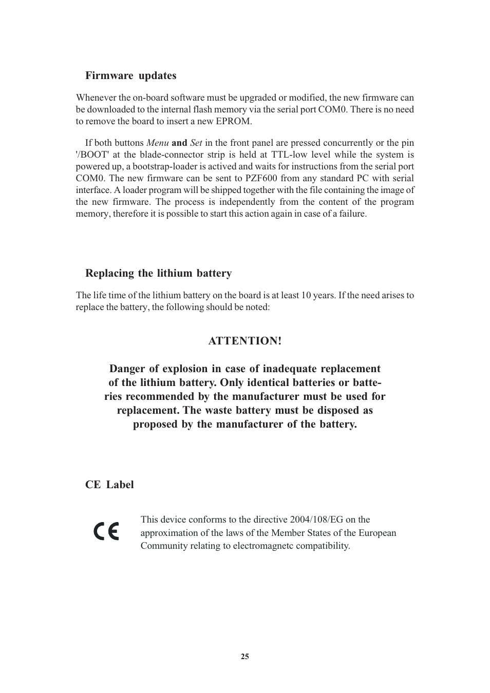 Firmware updates, Replacing the lithium battery, Ce label | Meinberg PZF600 User Manual | Page 25 / 40