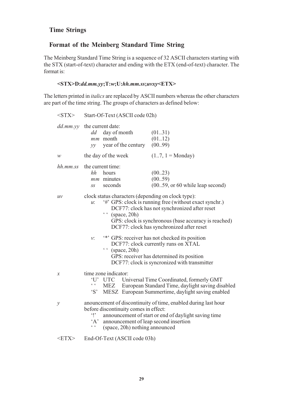 Time strings, Format of the meinberg standard time string | Meinberg PZF600 User Manual | Page 29 / 40