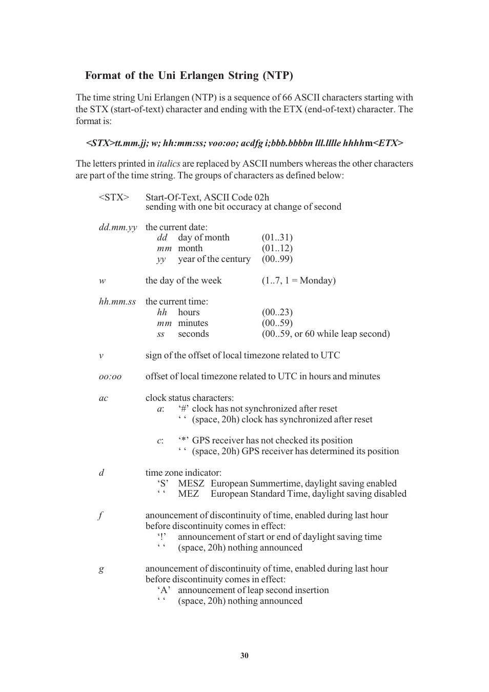 Format of the uni erlangen string (ntp) | Meinberg PZF600 User Manual | Page 30 / 40