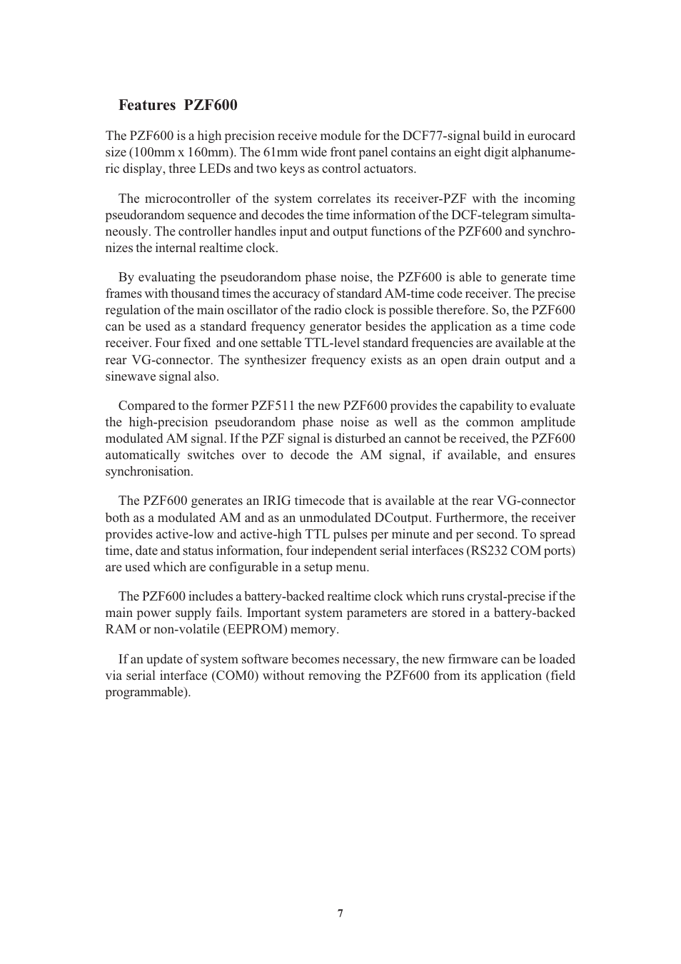 Features pzf600 | Meinberg PZF600 User Manual | Page 7 / 40