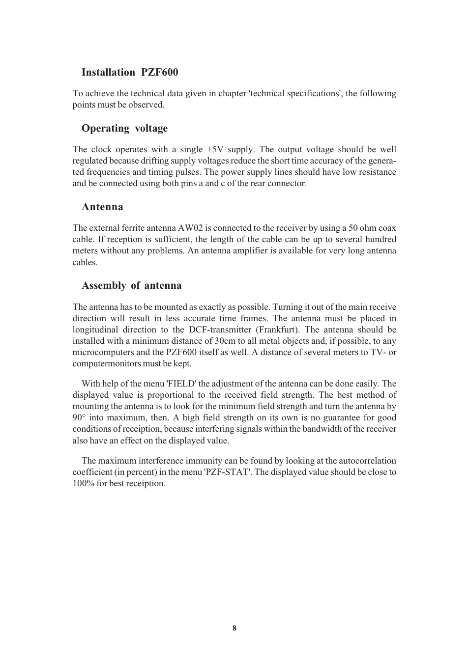 Installation pzf600, Operating voltage, Antenna | Assembly of antenna | Meinberg PZF600 User Manual | Page 8 / 40