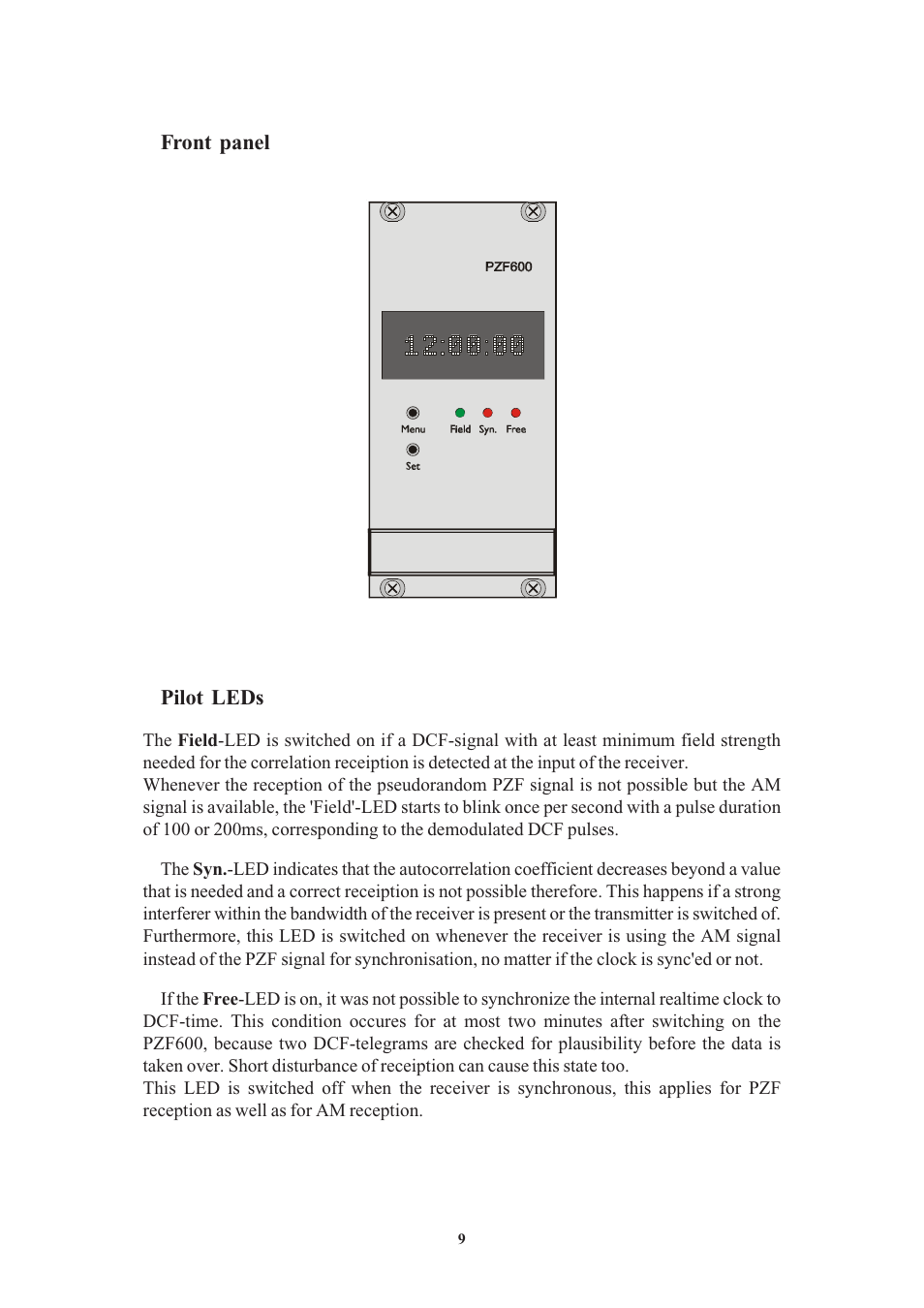 Front panel, Pilot leds | Meinberg PZF600 User Manual | Page 9 / 40