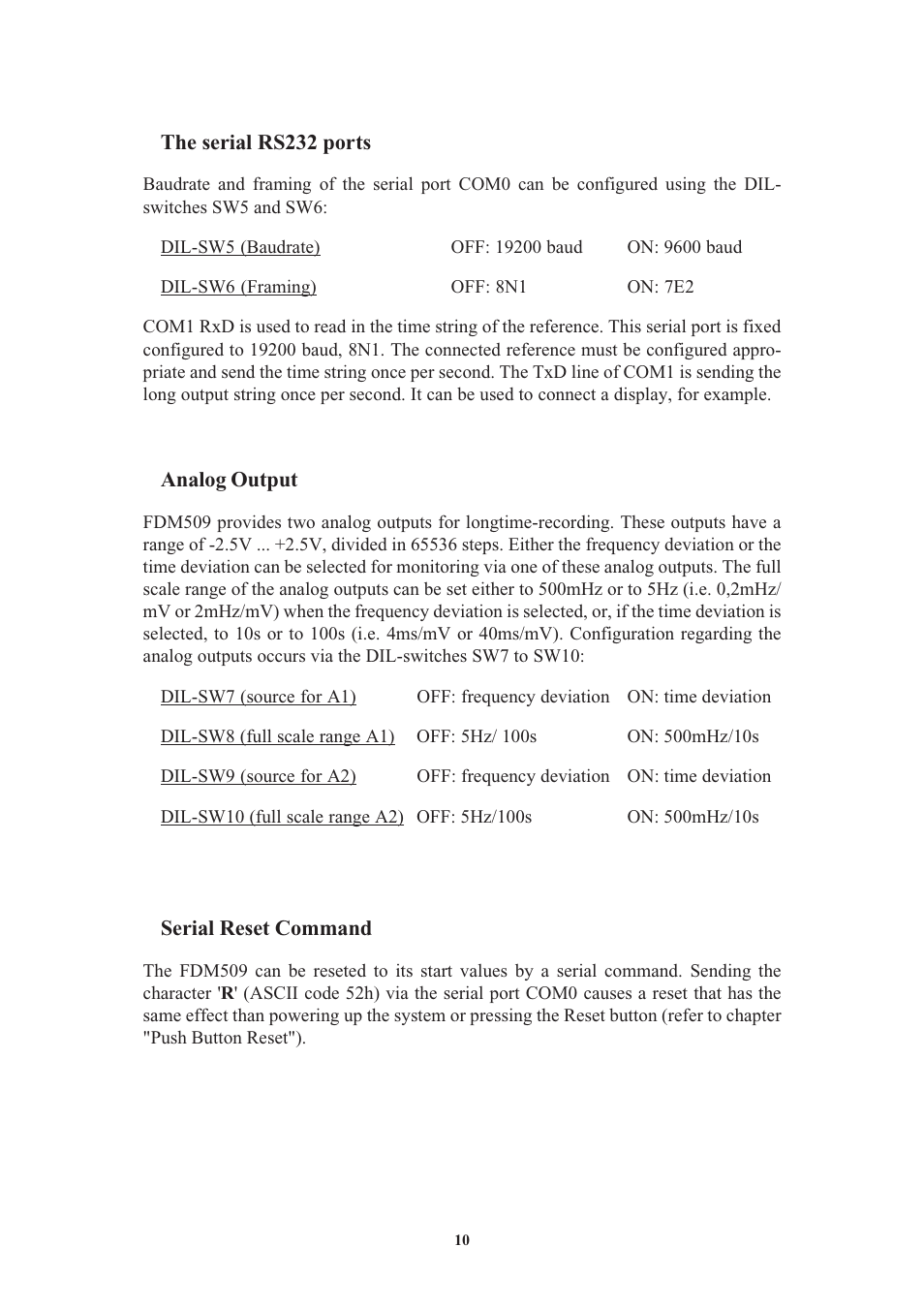 The serial rs232 ports, Analog output, Serial reset command | Meinberg FDM509 User Manual | Page 10 / 20