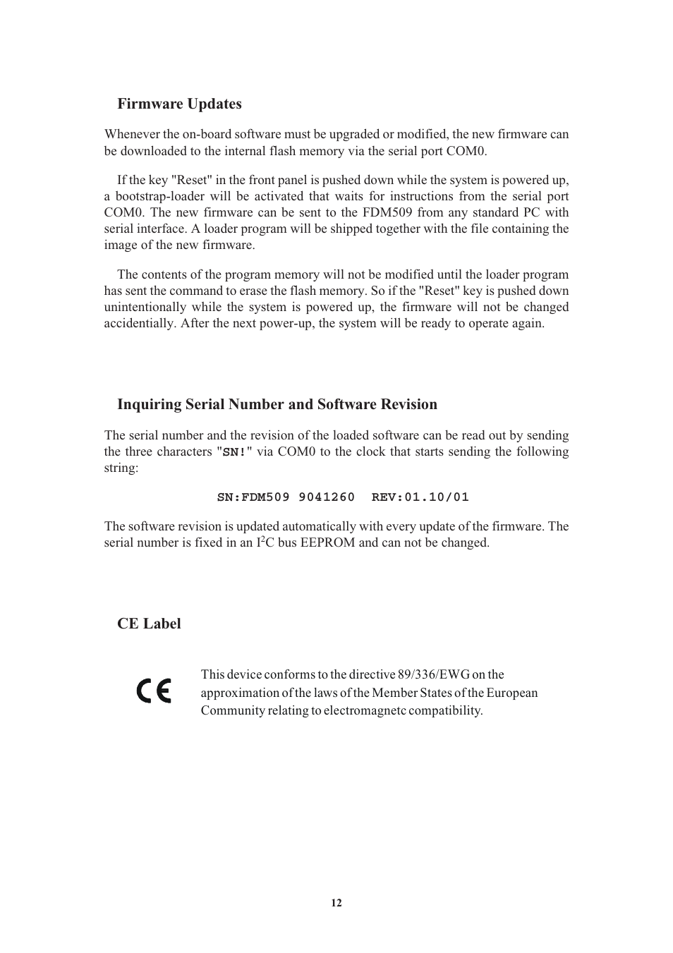 Firmware updates, Inquiring serial number and software revision, Ce label | Meinberg FDM509 User Manual | Page 12 / 20