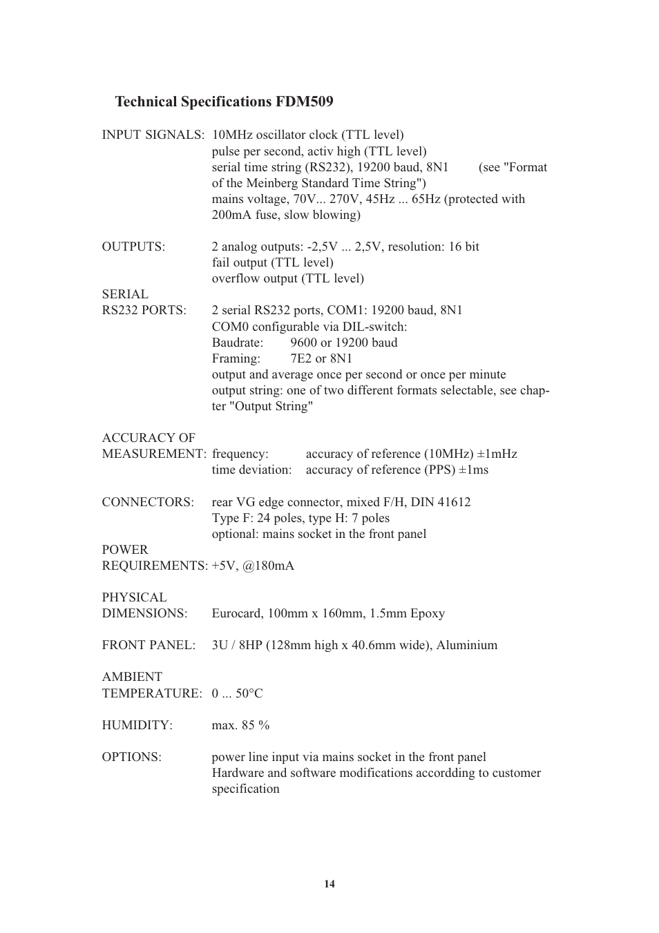 Technical specifications fdm509 | Meinberg FDM509 User Manual | Page 14 / 20