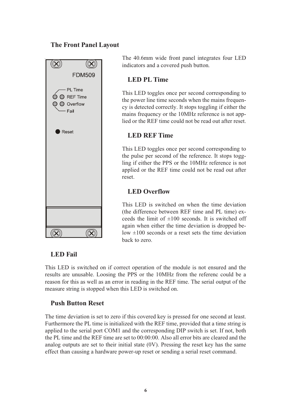 The front panel layout, Led pl time, Led ref time | Led overflow, Led fail, Push button reset | Meinberg FDM509 User Manual | Page 6 / 20