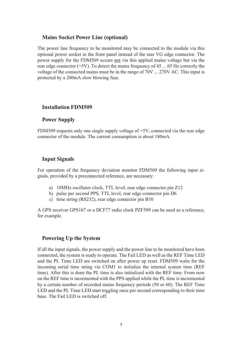 Mains socket power line (optional), Installation fdm509, Power supply | Input signals, Powering up the system | Meinberg FDM509 User Manual | Page 7 / 20