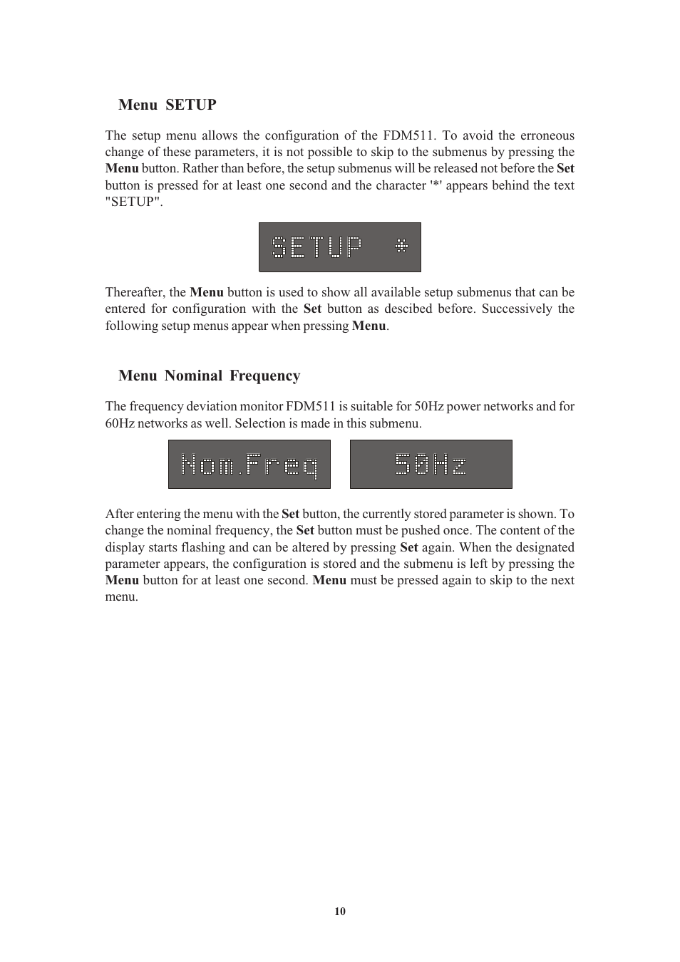 Menu setup, Menu nominal frequency | Meinberg FDM511 User Manual | Page 10 / 26