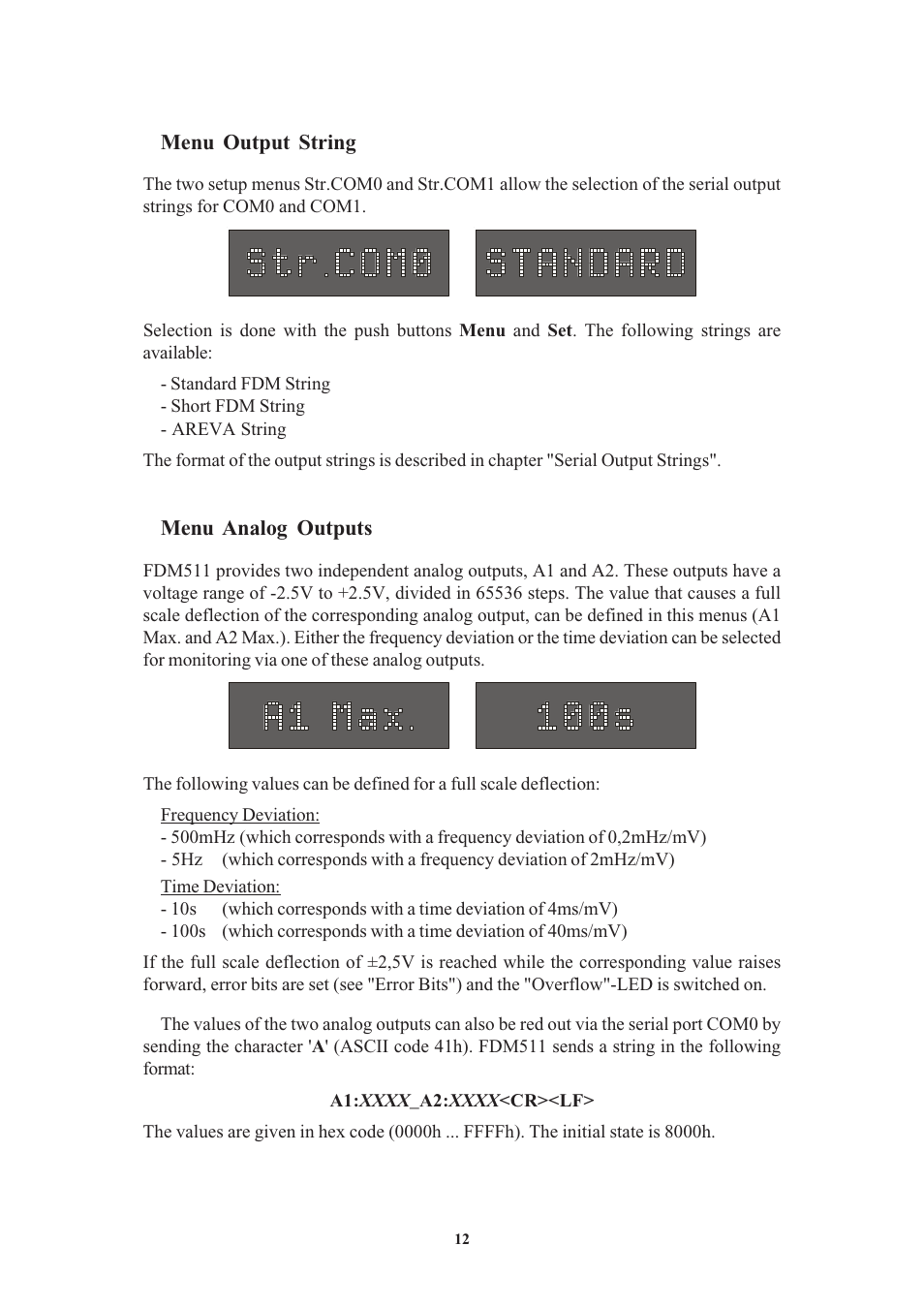 Menu output string, Menu analog outputs | Meinberg FDM511 User Manual | Page 12 / 26