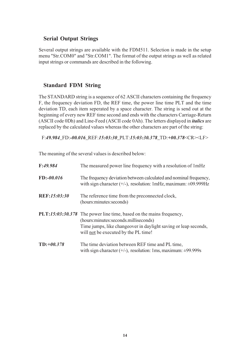 Serial output strings, Standard fdm string | Meinberg FDM511 User Manual | Page 14 / 26