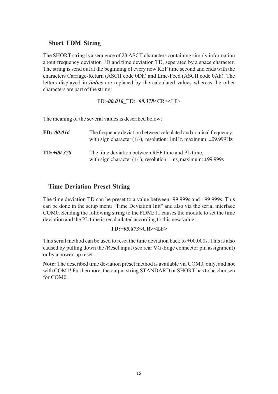 Short fdm string, Time deviation preset string | Meinberg FDM511 User Manual | Page 15 / 26