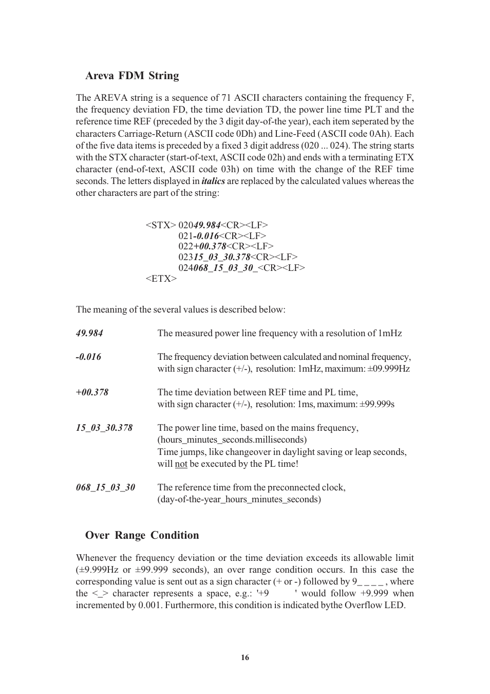 Areva fdm string, Over range condition | Meinberg FDM511 User Manual | Page 16 / 26