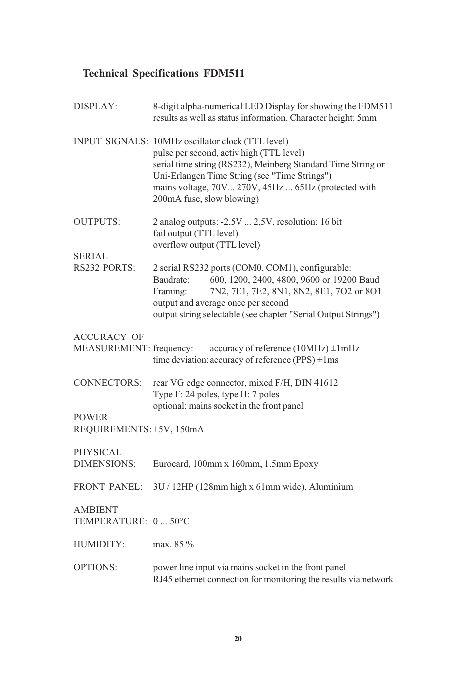 Technical specifications fdm511 | Meinberg FDM511 User Manual | Page 20 / 26