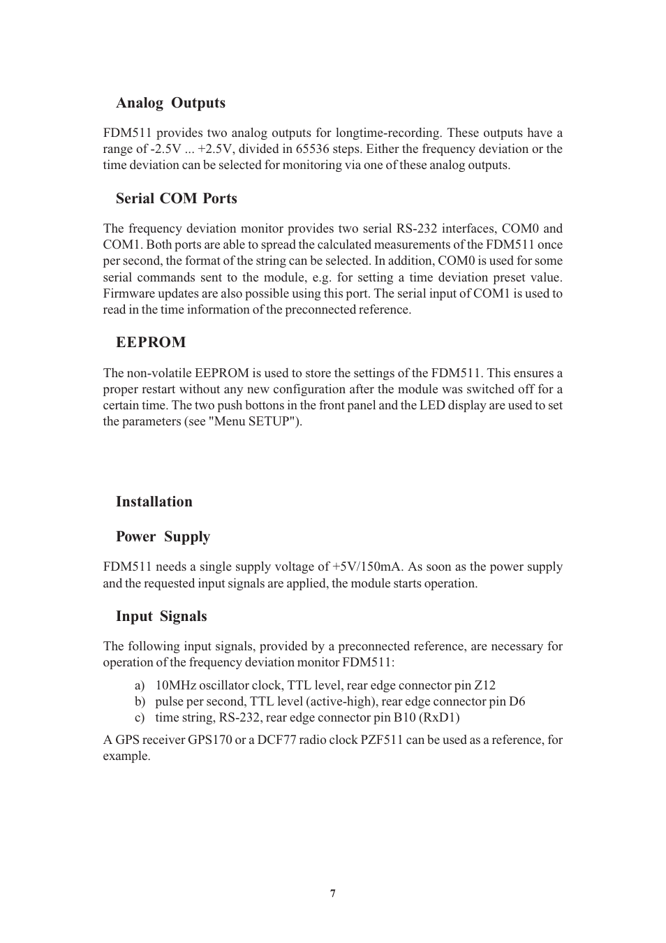 Analog outputs, Serial com ports, Eeprom | Installation, Power supply, Input signals | Meinberg FDM511 User Manual | Page 7 / 26