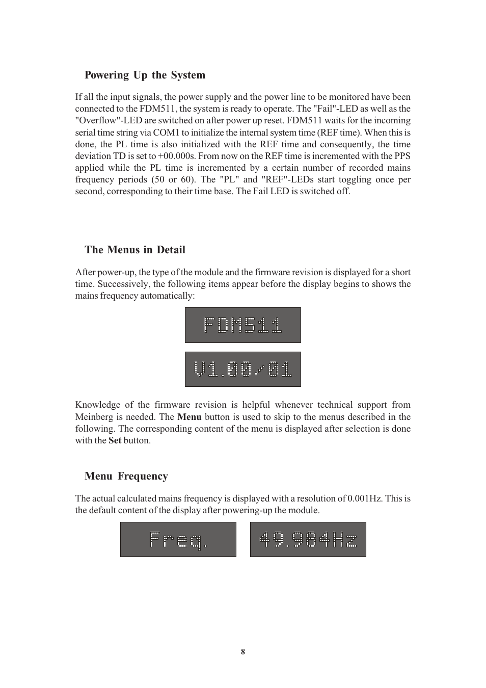 Powering up the system, The menus in detail, Menu frequency | Meinberg FDM511 User Manual | Page 8 / 26