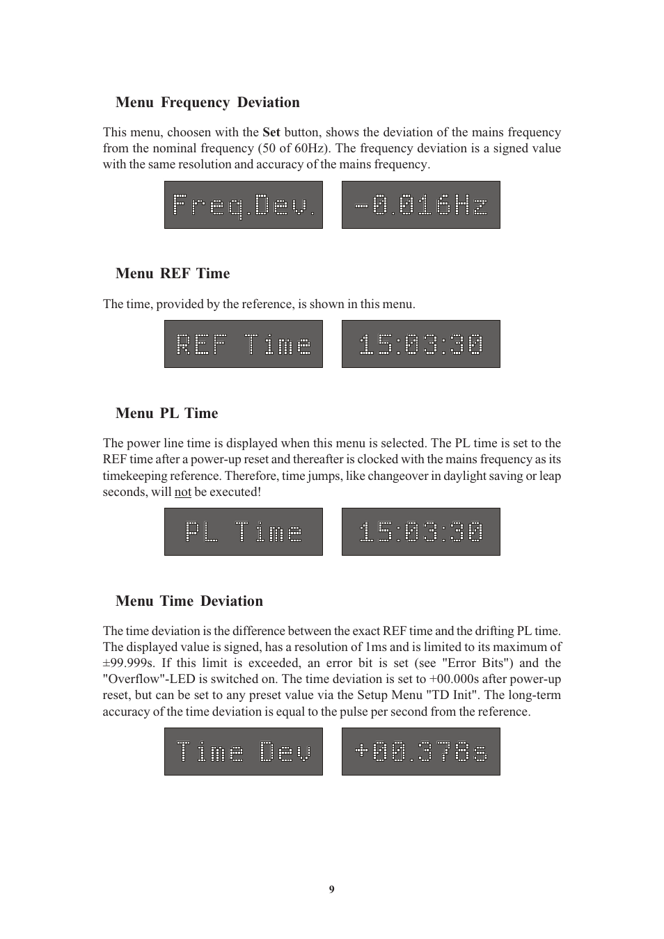 Menu frequency deviation, Menu ref time, Menu pl time | Menu time deviation | Meinberg FDM511 User Manual | Page 9 / 26