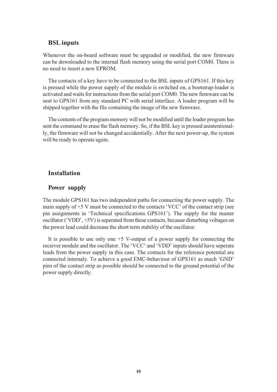 Bsl inputs, Installation, Power supply | Meinberg GPS161 User Manual | Page 10 / 30