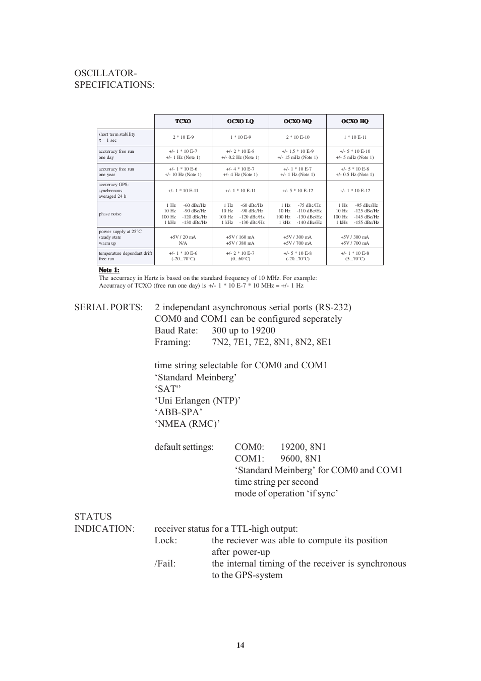 Oscillator- specifications | Meinberg GPS161 User Manual | Page 14 / 30