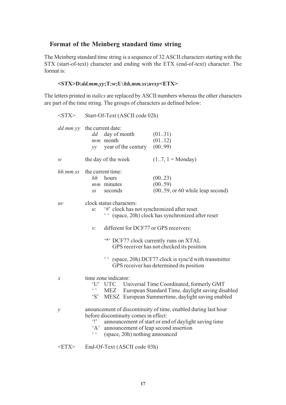 Format of the meinberg standard time string, Format of the meinberg gps time string | Meinberg GPS161 User Manual | Page 17 / 30