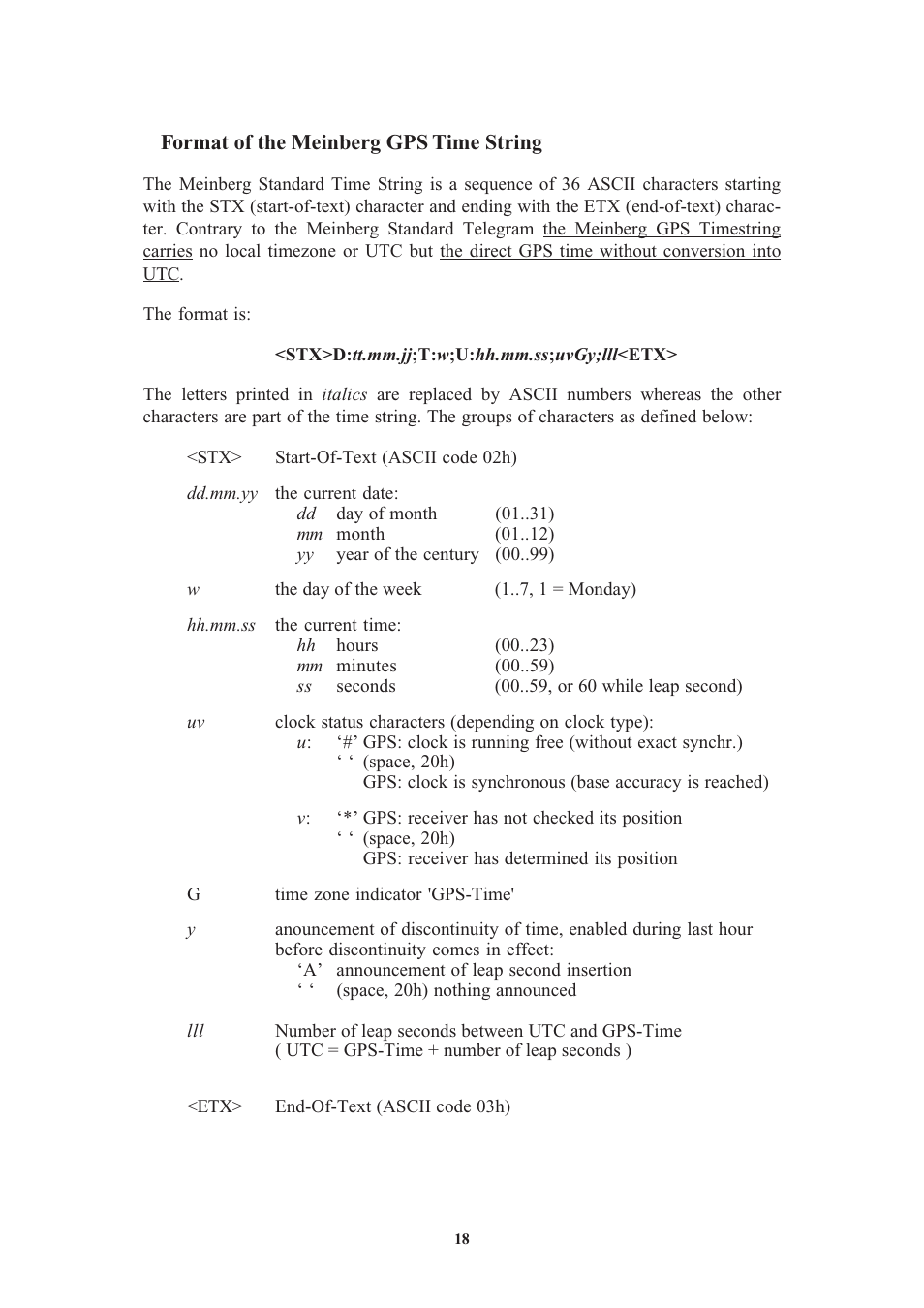 Format of the meinberg gps time string, Format of the sat time string | Meinberg GPS161 User Manual | Page 18 / 30