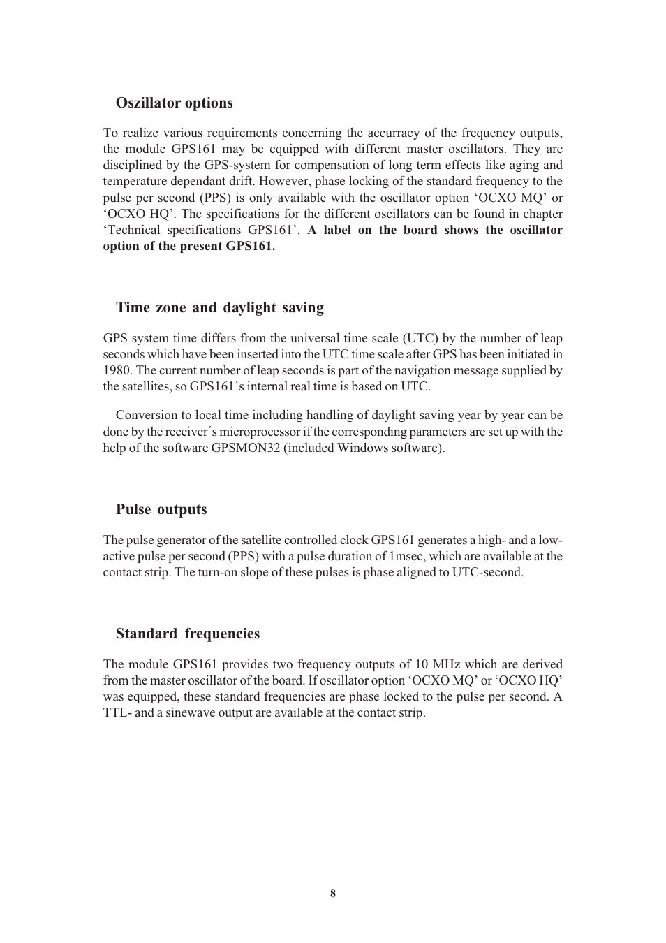 Oszillator options, Time zone and daylight saving, Pulse outputs | Standard frequencies | Meinberg GPS161 User Manual | Page 8 / 30