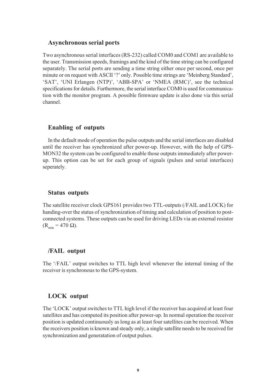 Asynchronous serial ports, Enabling of outputs, Status outputs | Fail output, Lock output | Meinberg GPS161 User Manual | Page 9 / 30