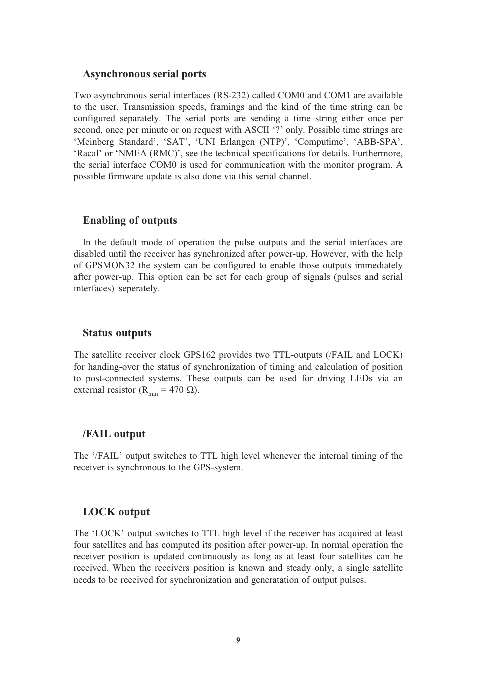 Asynchronous serial ports, Enabling of outputs, Status outputs | Fail output, Lock output | Meinberg GPS162 User Manual | Page 9 / 30