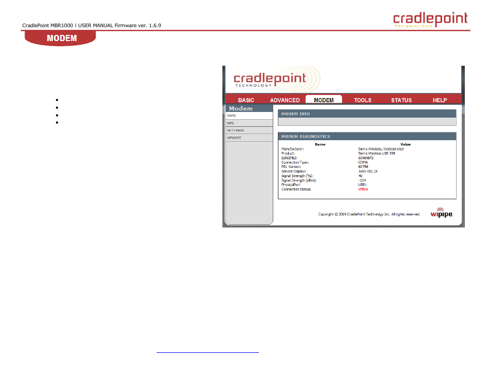 Modem tab, 6 modem tab | Cradlepoint WIPIPE MBR1000 User Manual | Page 76 / 130
