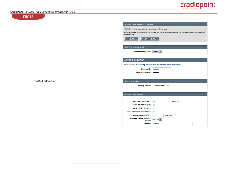 Dmin, Dministrative, Ettings | 1 admin (administrative settings) | Cradlepoint WIPIPE MBR1000 User Manual | Page 87 / 130