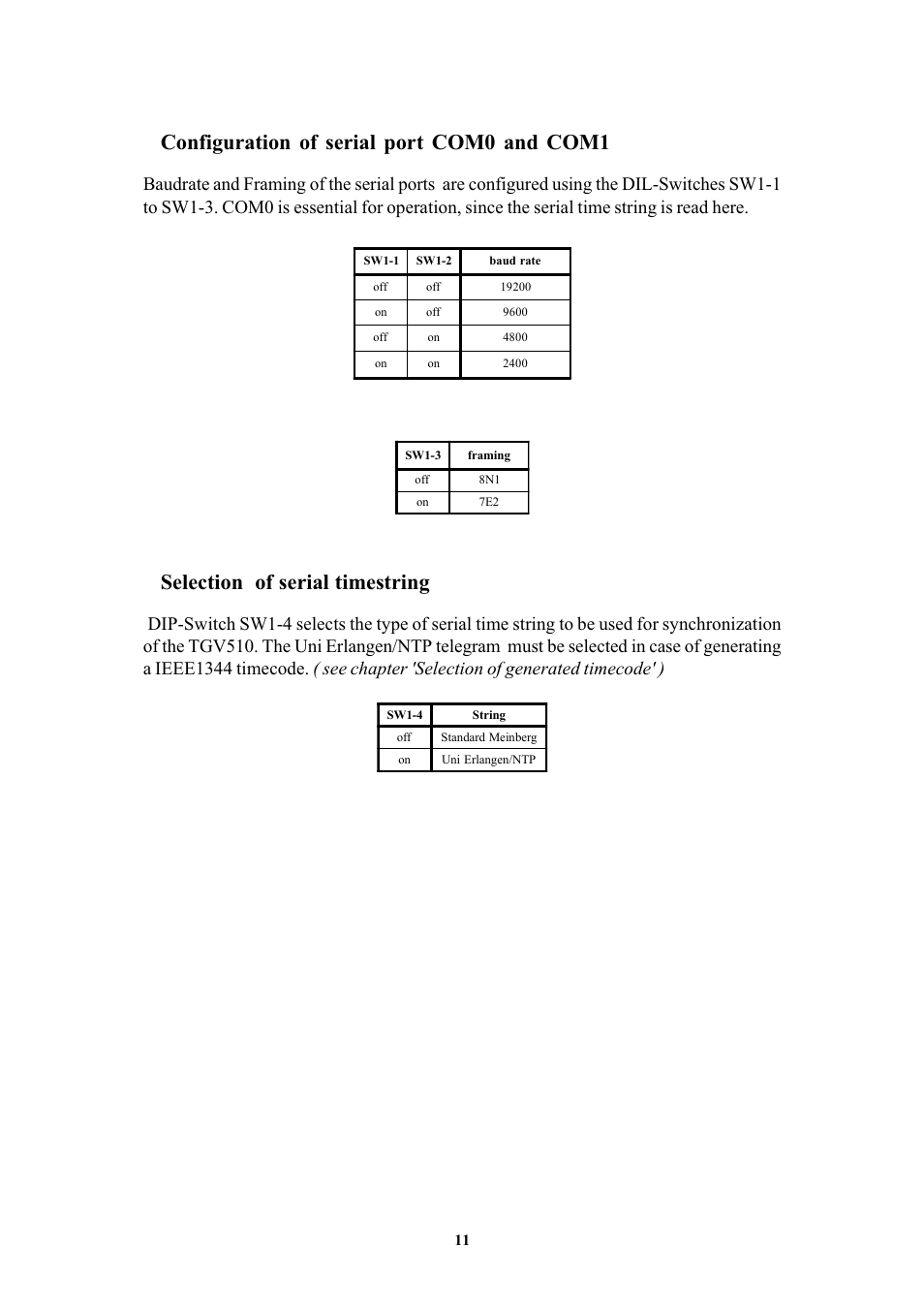 Configuration of serial port com0 and com1, Selection of serial timestring | Meinberg TCG510 User Manual | Page 11 / 22