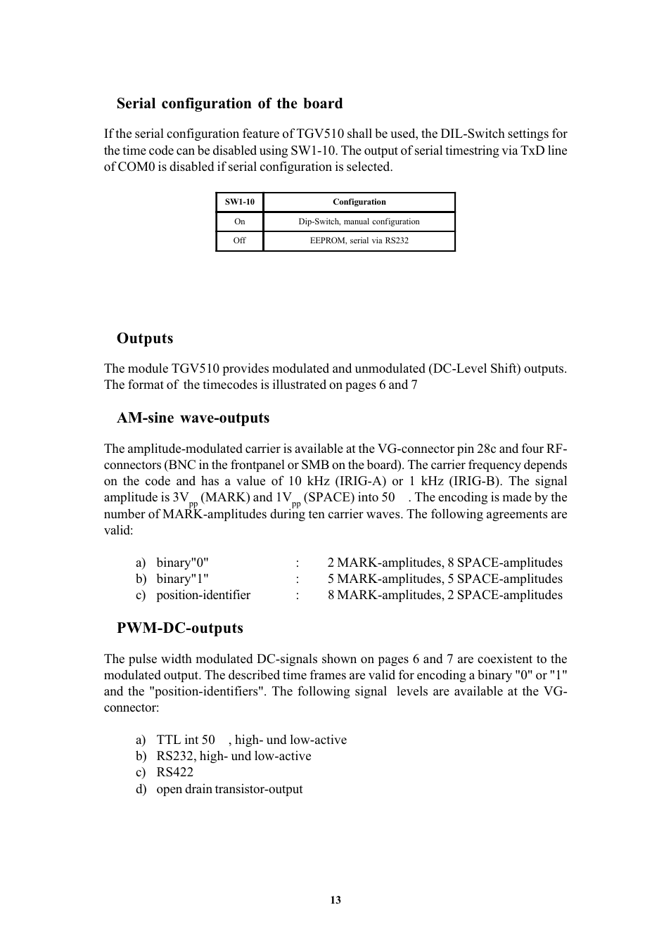 Serial configuration of the board, Outputs, Am-sine wave-outputs | Pwm-dc-outputs | Meinberg TCG510 User Manual | Page 13 / 22