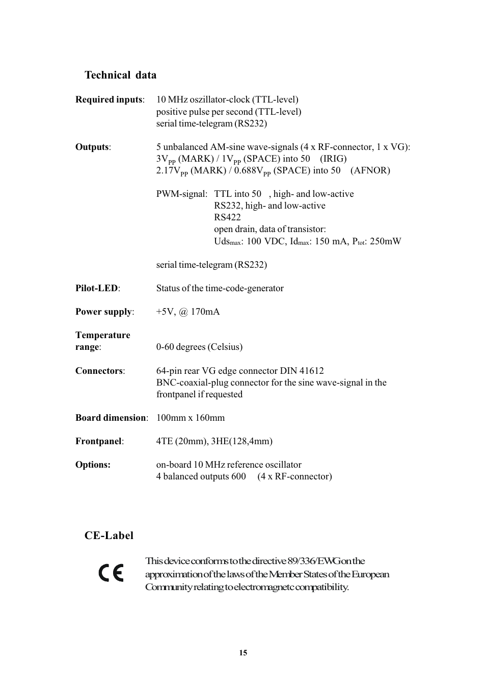 Technical data, Ce-label | Meinberg TCG510 User Manual | Page 15 / 22