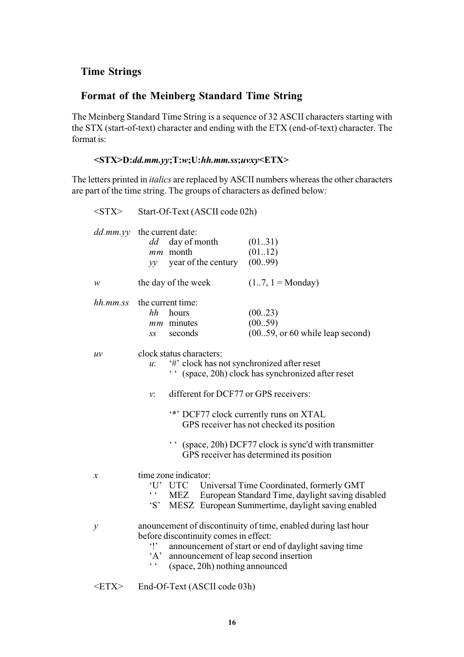 Time strings, Format of the meinberg standard time string | Meinberg TCG510 User Manual | Page 16 / 22