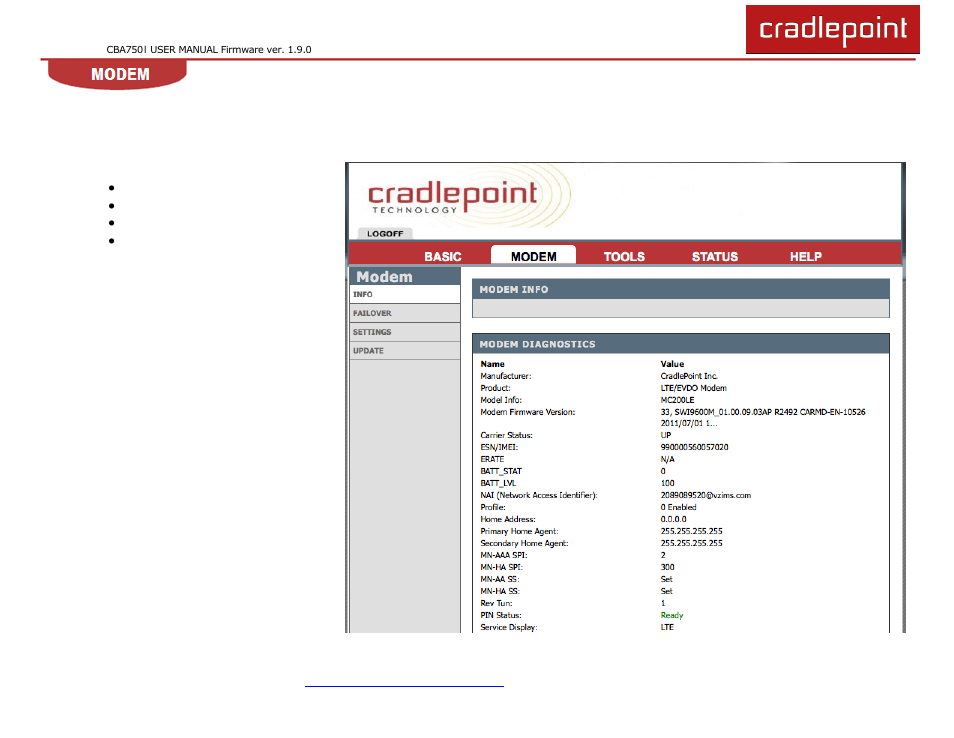 5 modem tab | Cradlepoint WIPIPE CBA750 User Manual | Page 35 / 89