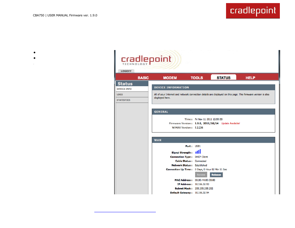 7 status tab, Statistics | Cradlepoint WIPIPE CBA750 User Manual | Page 66 / 89