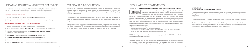 Warranty information regulatory statements, Updating router or adapter firmware | Cradlepoint WIPIPE MC100E User Manual | Page 2 / 2