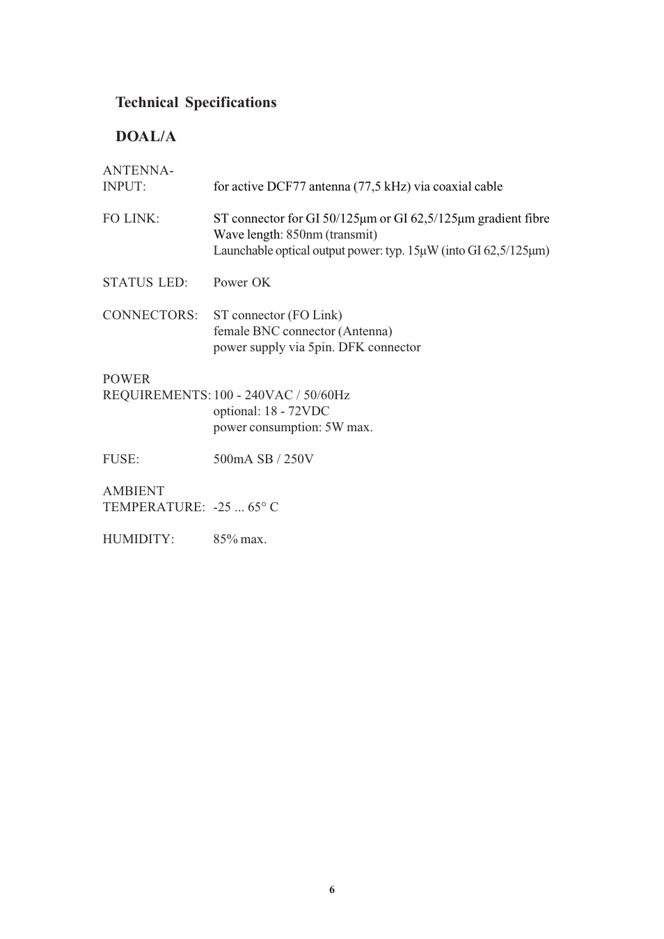 Technical specifications, Doal/a | Meinberg DOAL User Manual | Page 6 / 10