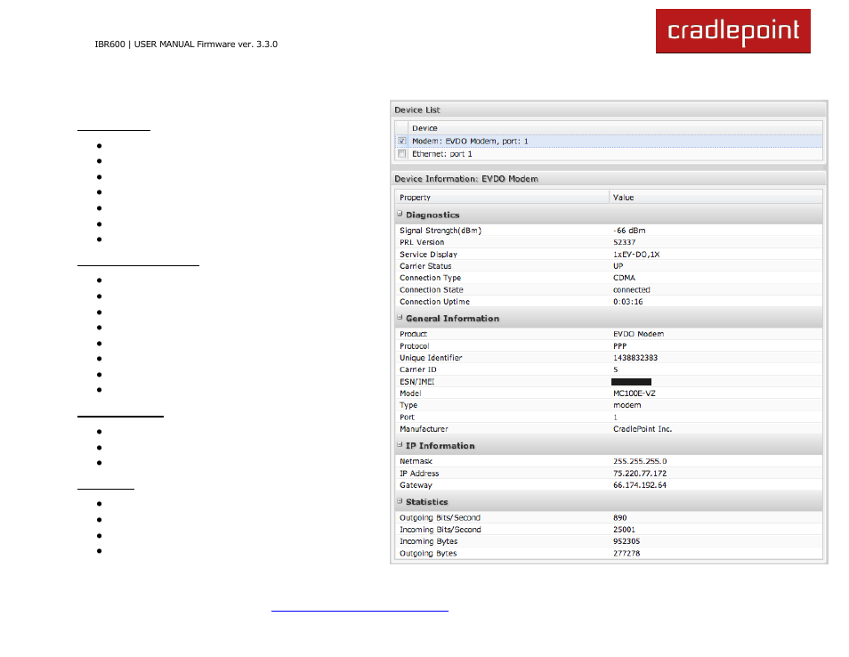 Evdo modem | Cradlepoint IBR600 User Manual | Page 42 / 152
