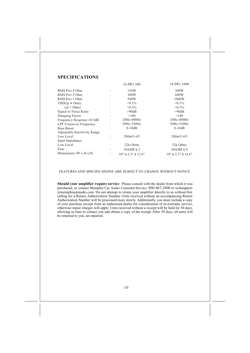 Âê 11, Specifications | Memphis 16PR11000 User Manual | Page 11 / 12