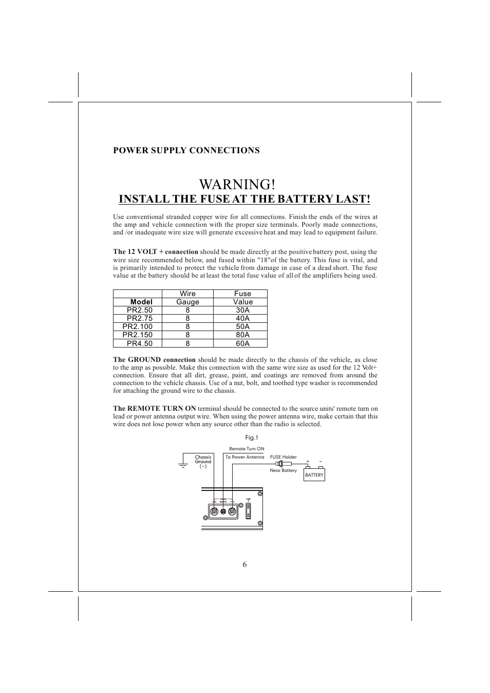 Âê 7, Warning, Install the fuse at the battery last | Memphis 16PR2100 User Manual | Page 7 / 16