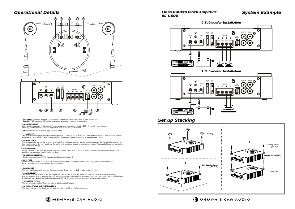 System example, Operational details set up stacking, Class-d mono block amplifier sc 1.500 | 1 subwoofer installation 2 subwoofer installation | Memphis 16SC1500 User Manual | Page 2 / 2