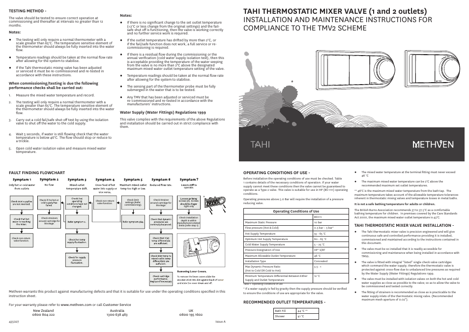 Methven Tahi Thermostatic Mixer Valve (2 Outlets) User Manual | 2 pages
